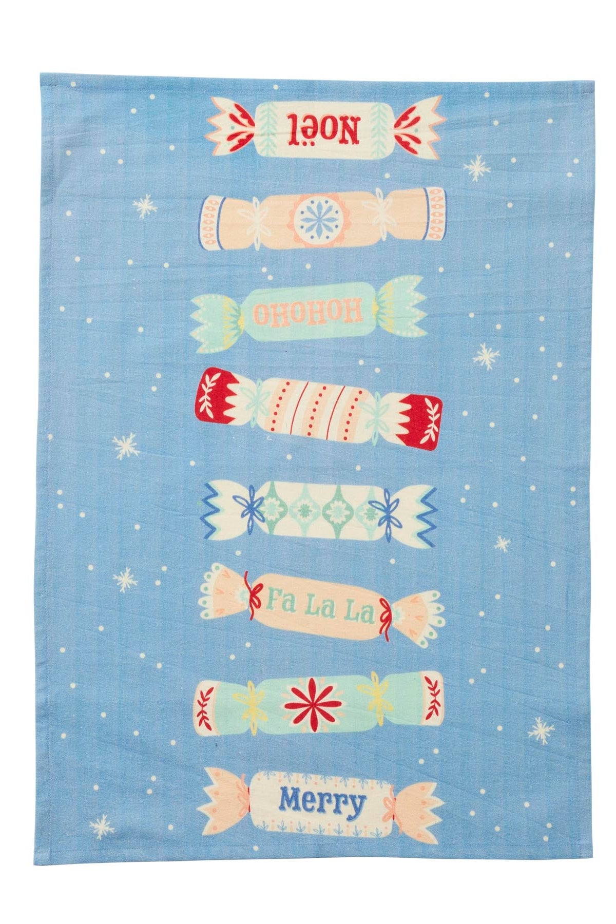 A rectangular blue tea towel with a festive Christmas design, featuring illustrated candy canes and snowflakes in pastel colors and white text, shown flat against a white background.
