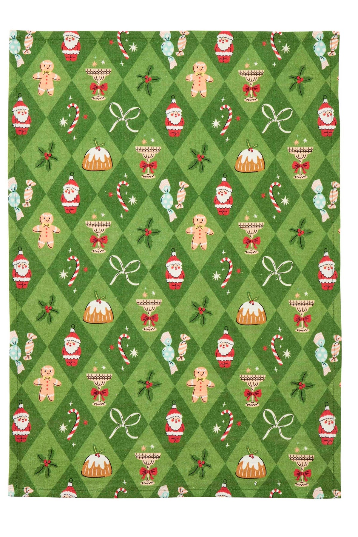 A rectangular green kitchen towel or cloth featuring a festive Christmas pattern with a diamond background, decorated with Santa Claus, gingerbread men, candy canes, pudding cups, holly, and bows.