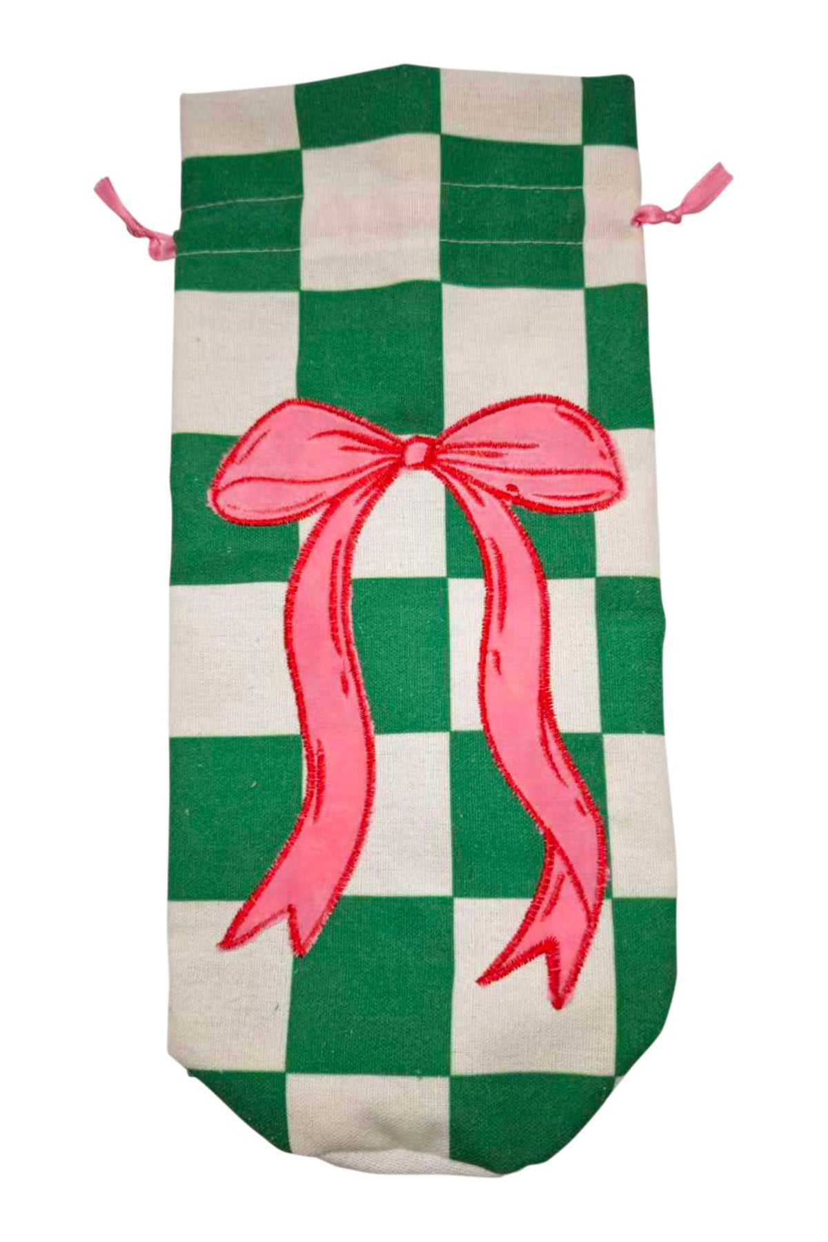 A fabric drawstring pouch featuring a green and cream checkered pattern with a large pink bow graphic in the center and pink drawstring ties.
