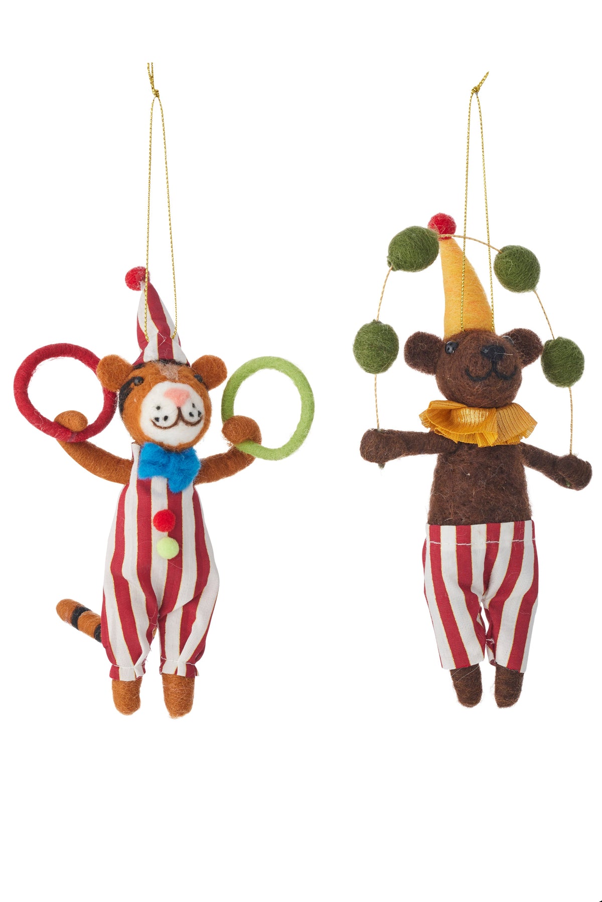 Two felt teddy bear Christmas ornaments hanging against a white background. One ornament is a tiger in a red and white striped outfit with a blue bow tie and ring juggling.