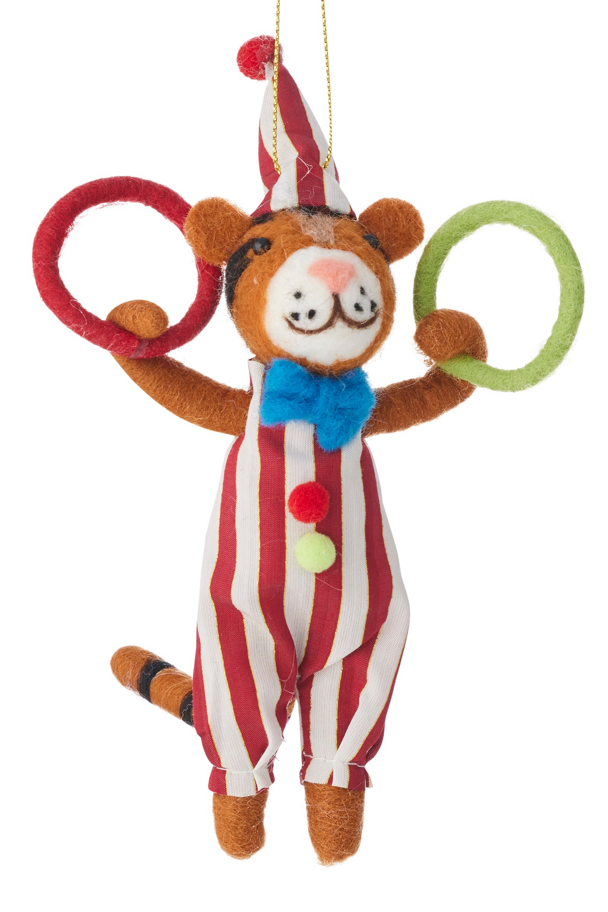 Two felt teddy bear Christmas ornaments hanging against a white background. One ornament is a tiger in a red and white striped outfit with a blue bow tie and ring juggling.