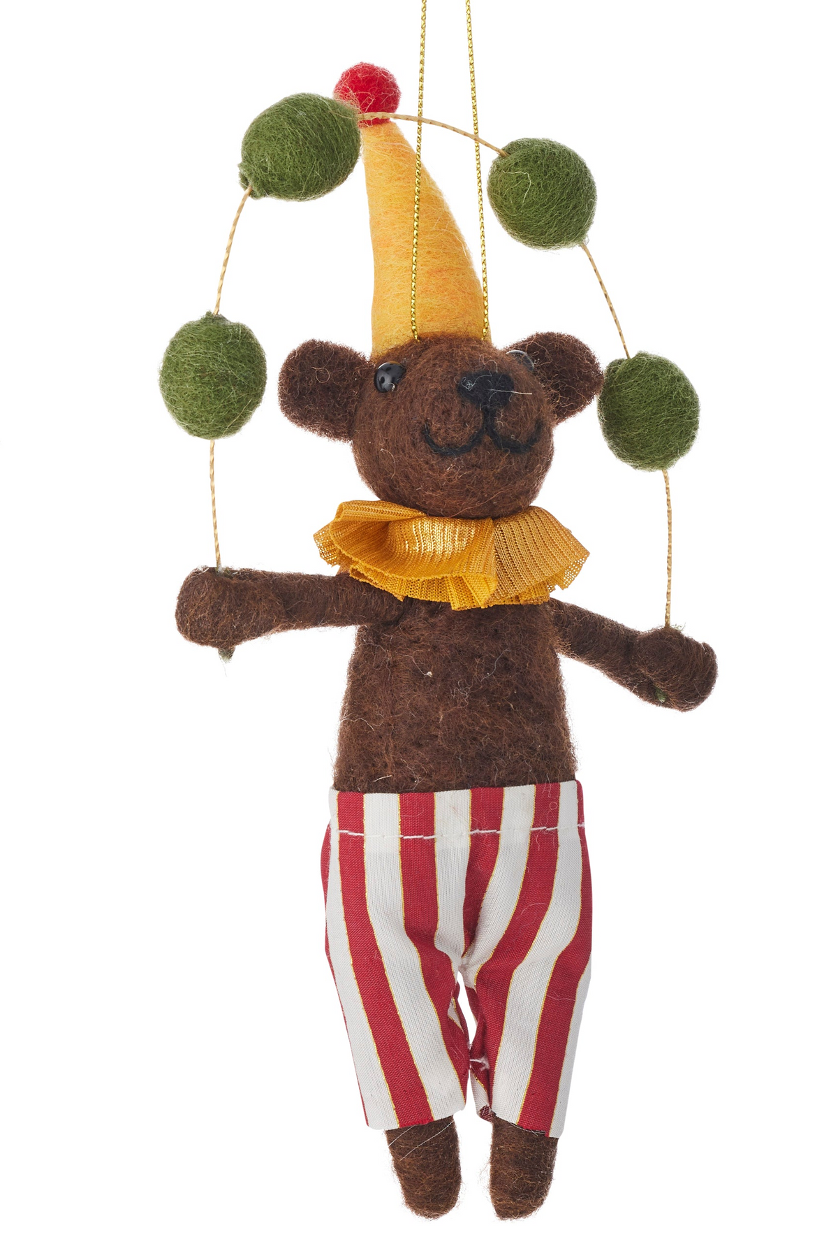 Two felt teddy bear Christmas ornaments hanging against a white background. One ornament is a tiger in a red and white striped outfit with a blue bow tie and ring juggling.