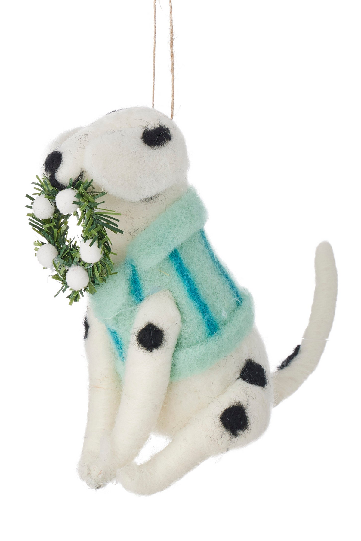 Two felt dog ornaments hanging side by side on a white background. The left ornament is brown with a red polka-dot scarf, and the right ornament is white with black spots, wearing a mint green sweater and holding a small green wreath with white flowers.