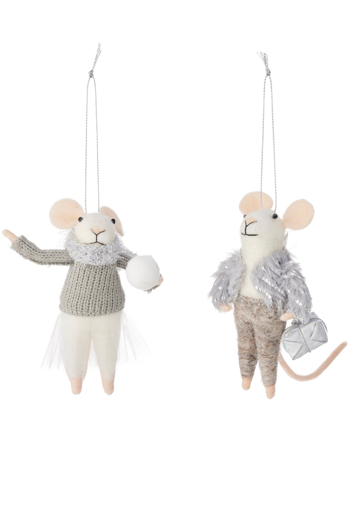 Two plush mouse ornaments hanging against a white background. One mouse wears a gray knit sweater, white tulle skirt, and holds a white ball.