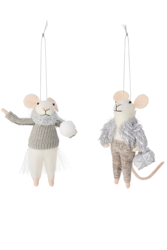 Two plush mouse ornaments hanging against a white background. One mouse wears a gray knit sweater, white tulle skirt, and holds a white ball.