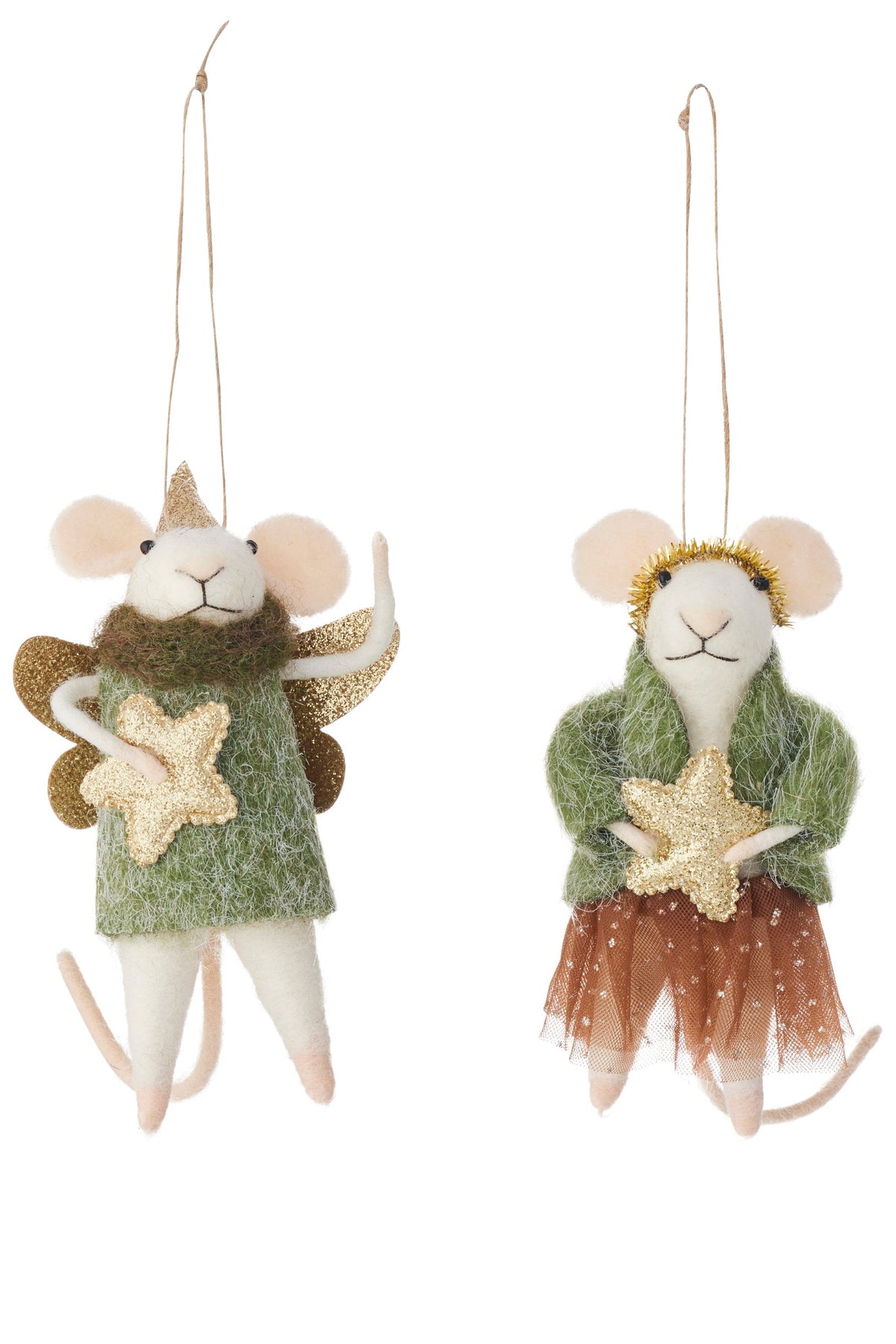 Two handmade felt mouse angel Christmas ornaments hanging against a white background. One ornament features a green textured dress, gold glittery wings and star, and a gold crown.