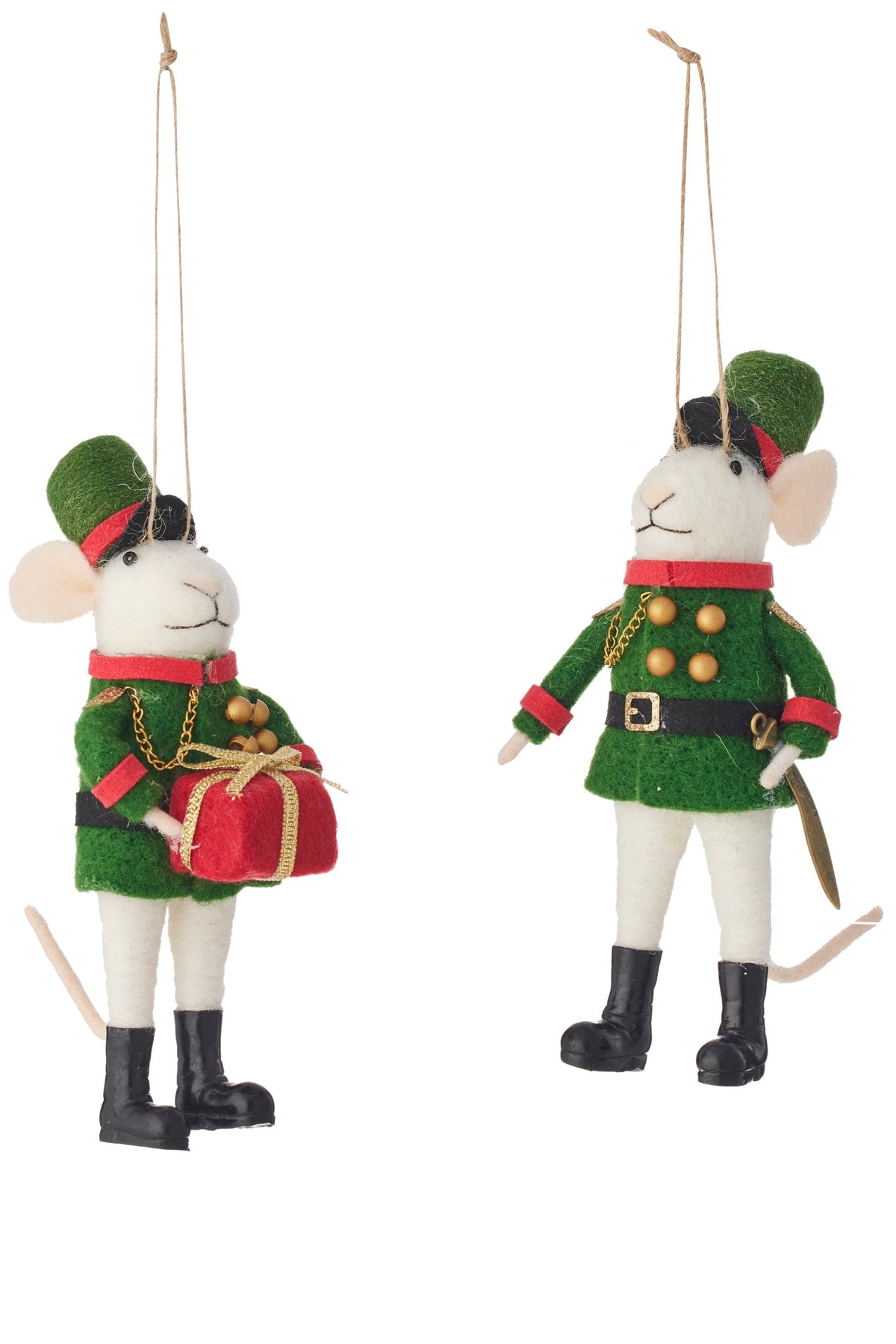 Two festive mouse ornaments dressed as toy soldiers, shown side by side against a plain white background. One holds a red gift box, and both wear green uniforms with red accents, white pants, and black boots.