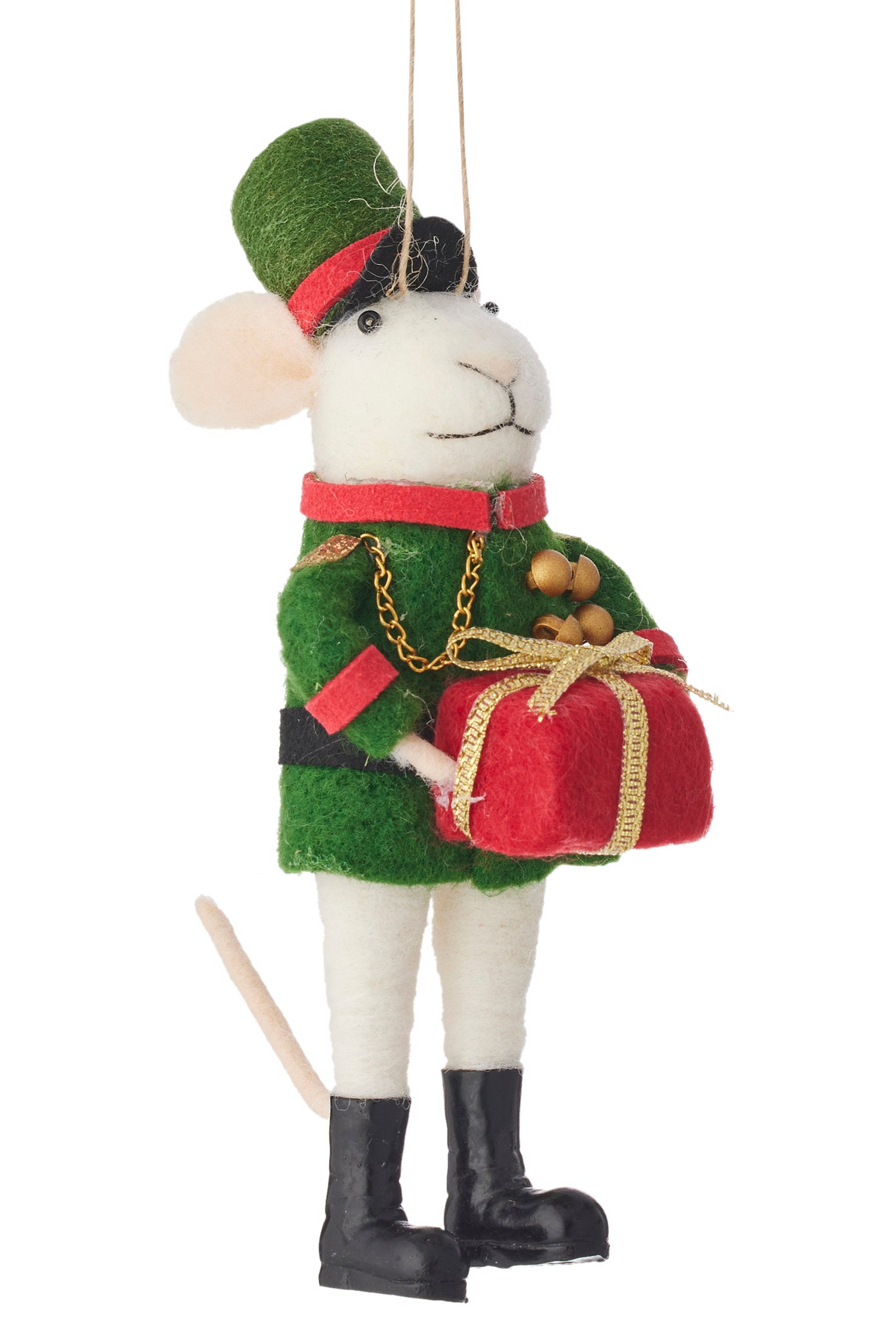 Two festive mouse ornaments dressed as toy soldiers, shown side by side against a plain white background. One holds a red gift box, and both wear green uniforms with red accents, white pants, and black boots.