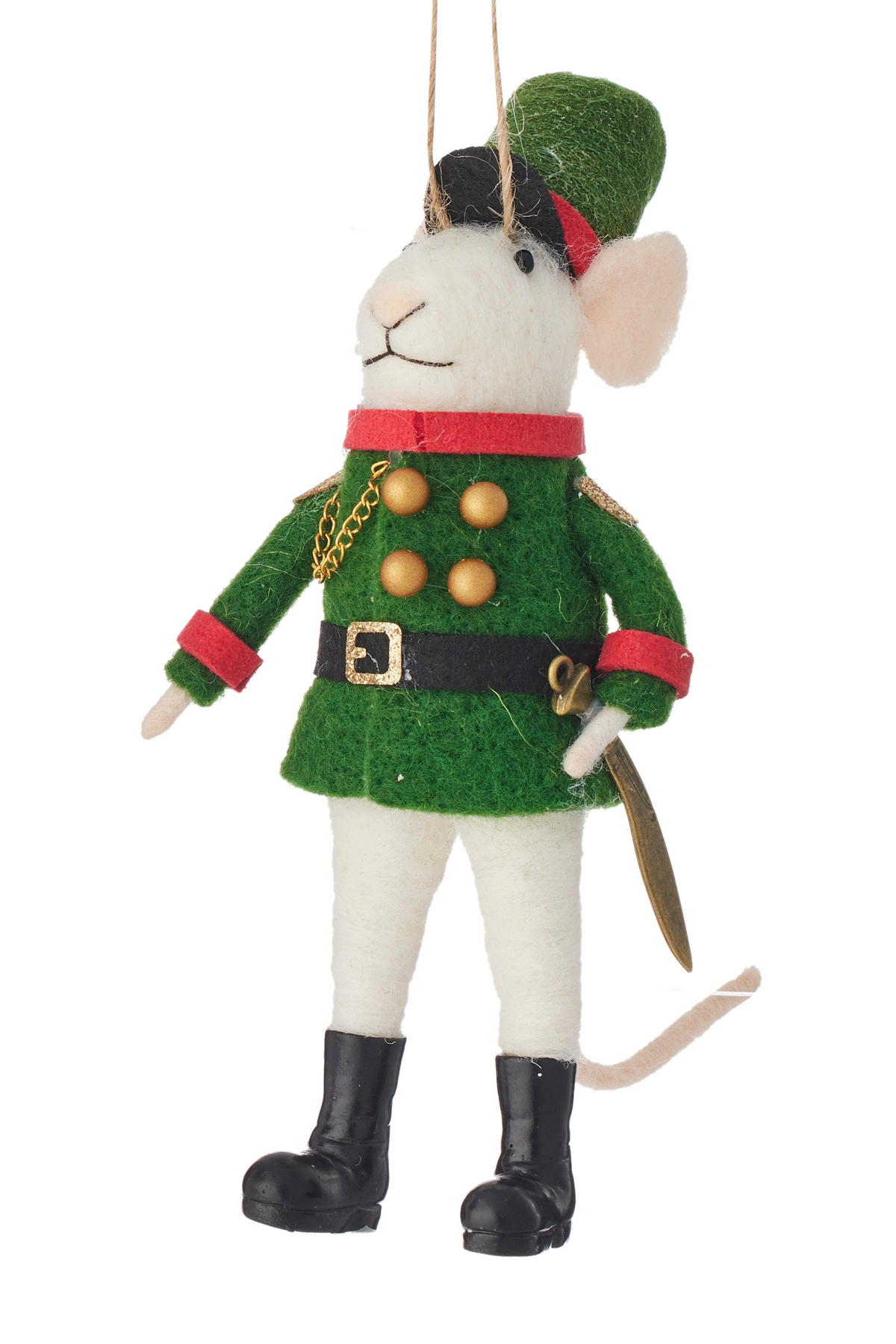 Two festive mouse ornaments dressed as toy soldiers, shown side by side against a plain white background. One holds a red gift box, and both wear green uniforms with red accents, white pants, and black boots.