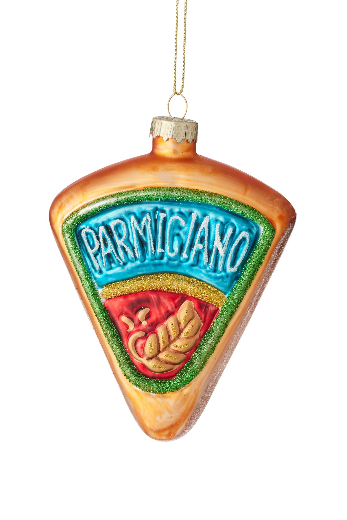 A glass Christmas ornament shaped like a slice of Parmigiano cheese, featuring a colorful label with the text 'PARMIGIANO' in blue on a green background and a red and gold emblem below. It has a gold hanging loop at the top and is shown against a plain white background.