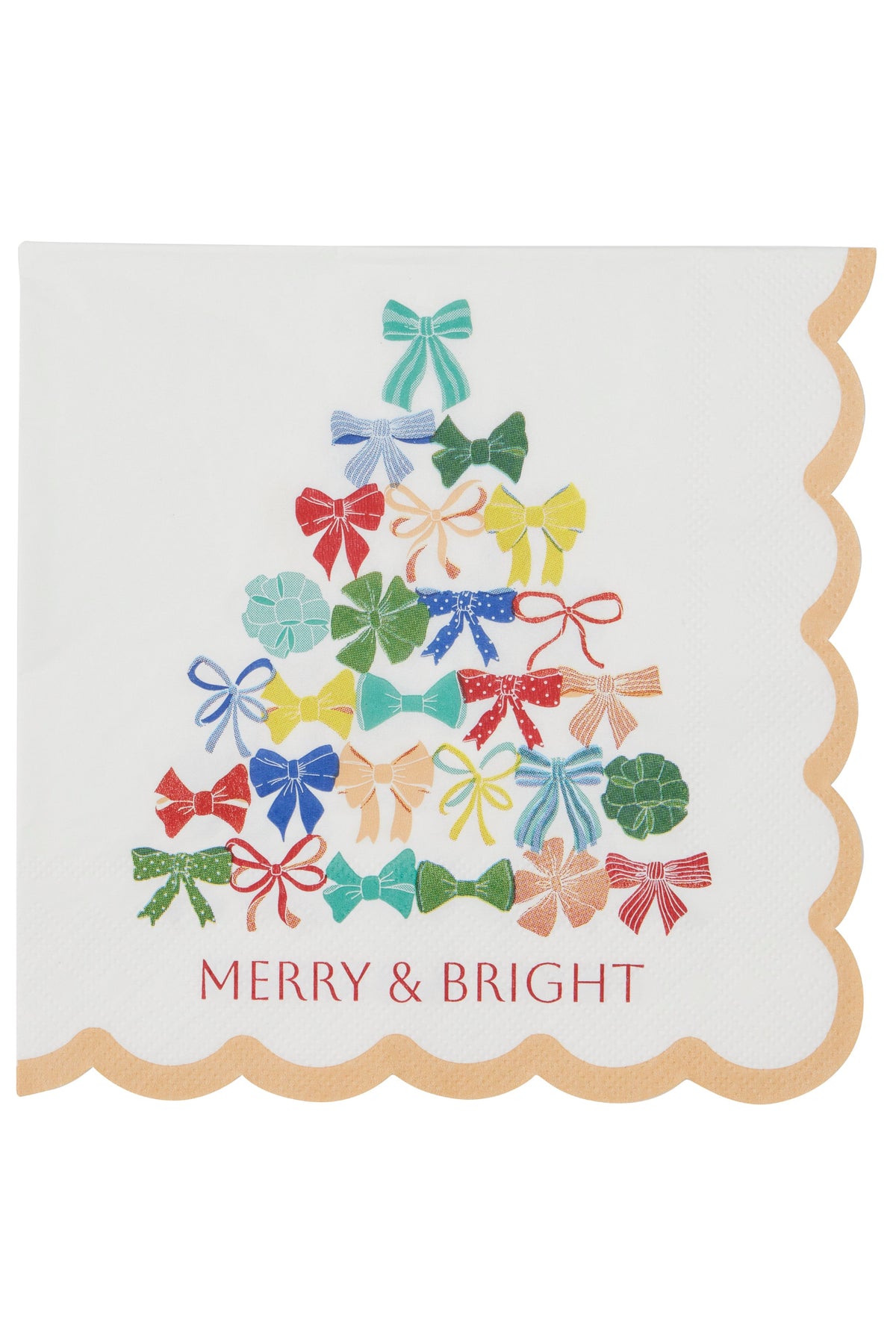 A square white paper napkin with scalloped edges, featuring a colorful Christmas tree made of assorted ribbon bows and the words 'MERRY & BRIGHT' in red at the bottom.