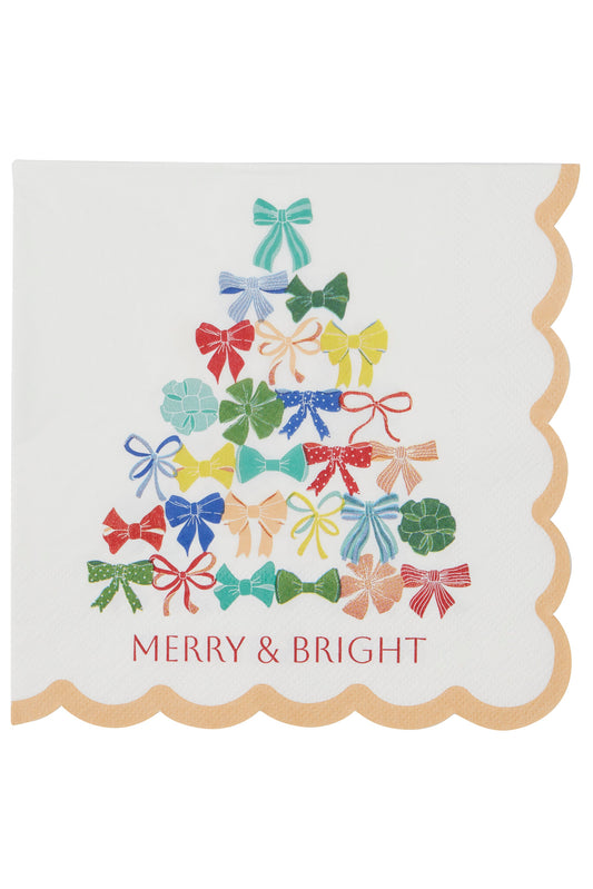A square white paper napkin with scalloped edges, featuring a colorful Christmas tree made of assorted ribbon bows and the words 'MERRY & BRIGHT' in red at the bottom.