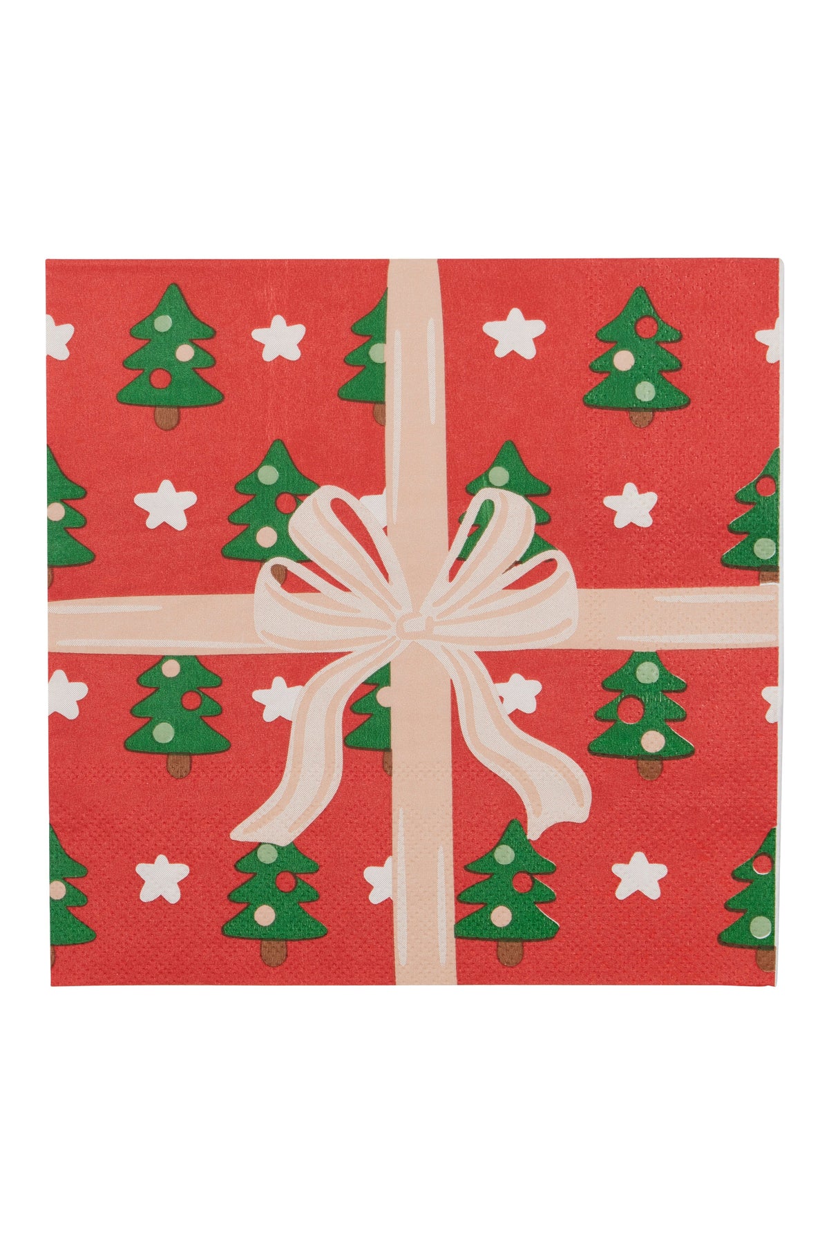 A square red paper napkin printed with a Christmas gift box pattern, featuring green Christmas trees, white stars, and a cream-colored ribbon and bow in the center.
