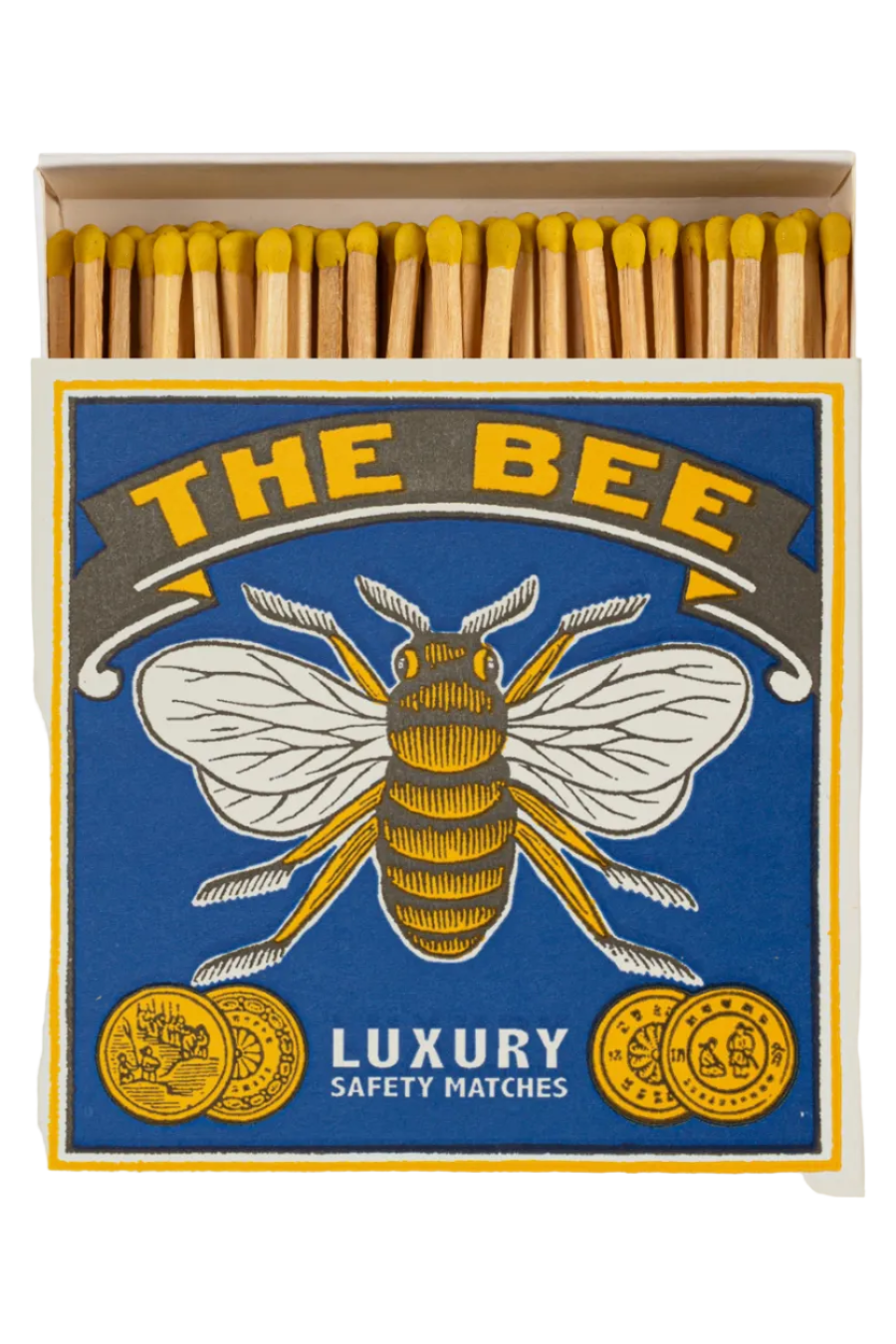 Matchbox labeled 'The Bee' with a bee illustration on a blue background