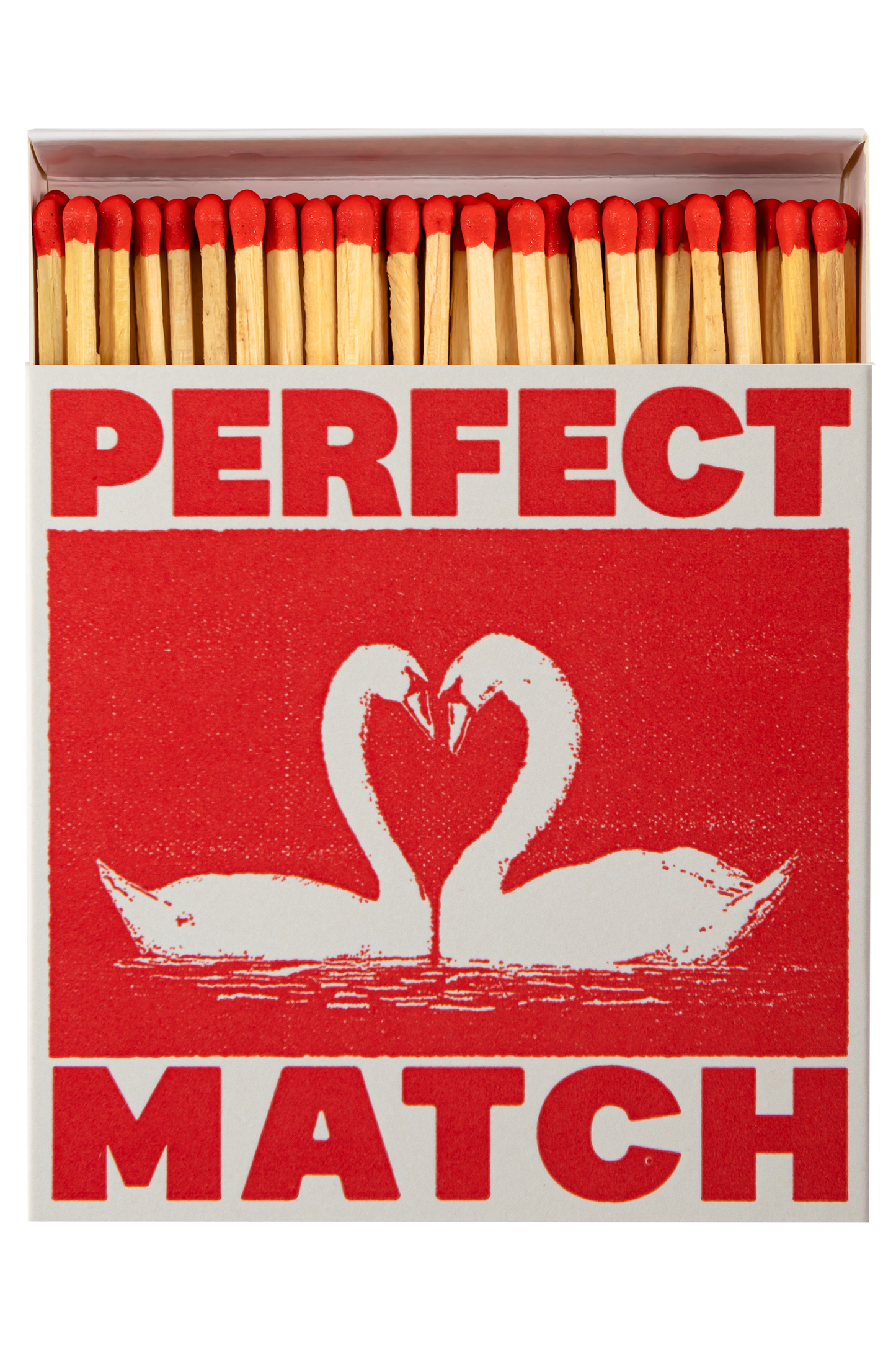 Matches in a box with 'Perfect Match' text and swan design on a red background