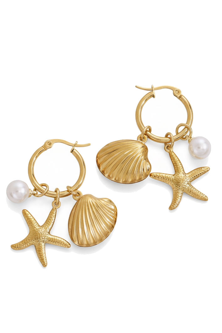 Gold hoop earrings with shell and starfish charms on a white background