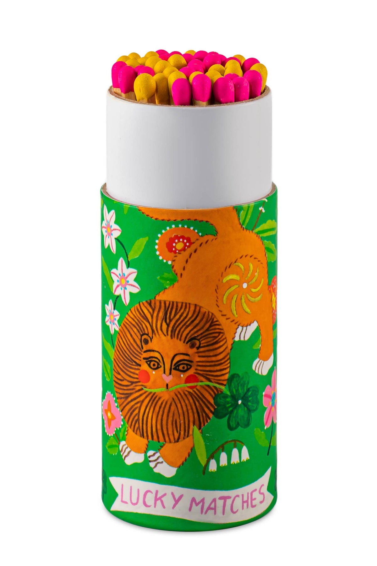 Matches in a colorful cylindrical container with a lion design on a white background