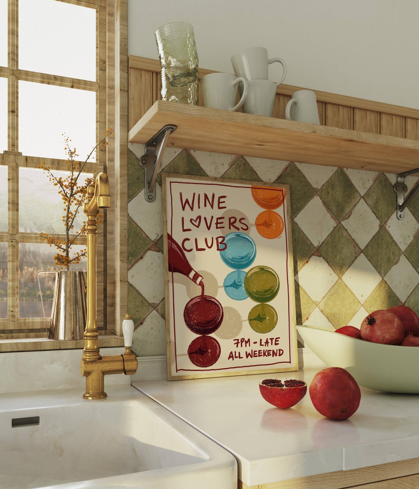 Kitchen with a 'Wine Lovers Club' sign on the wall, apples on the counter, and a window view.