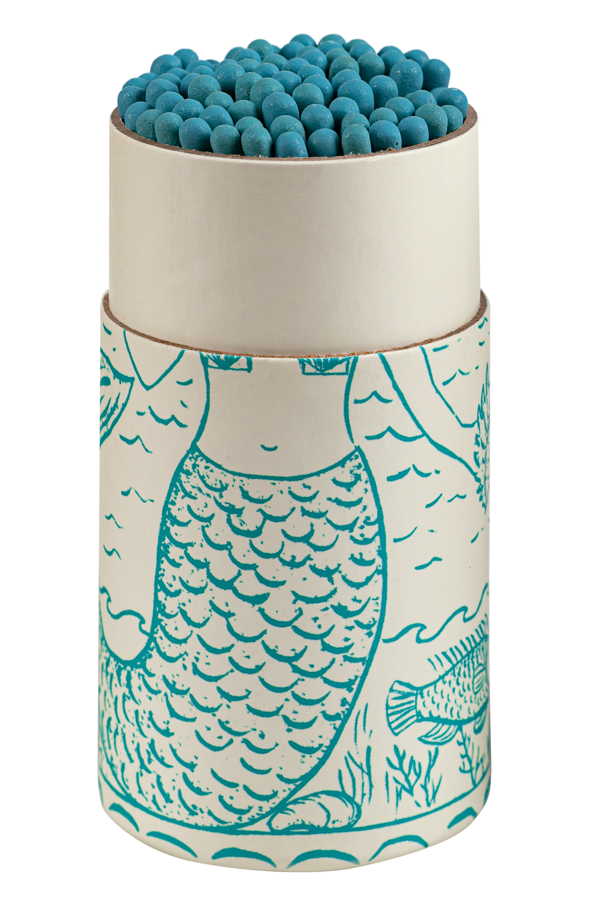 A set of teal-blue matches filled with matching blue tips, presented in a cylindrical cream-colored container with a turquoise mermaid and fish illustration on the lower half.