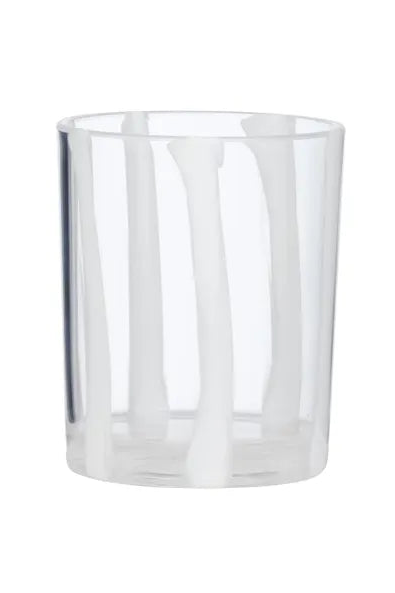 A clear and white stripe plastic tumbler, shown on a solid white background.