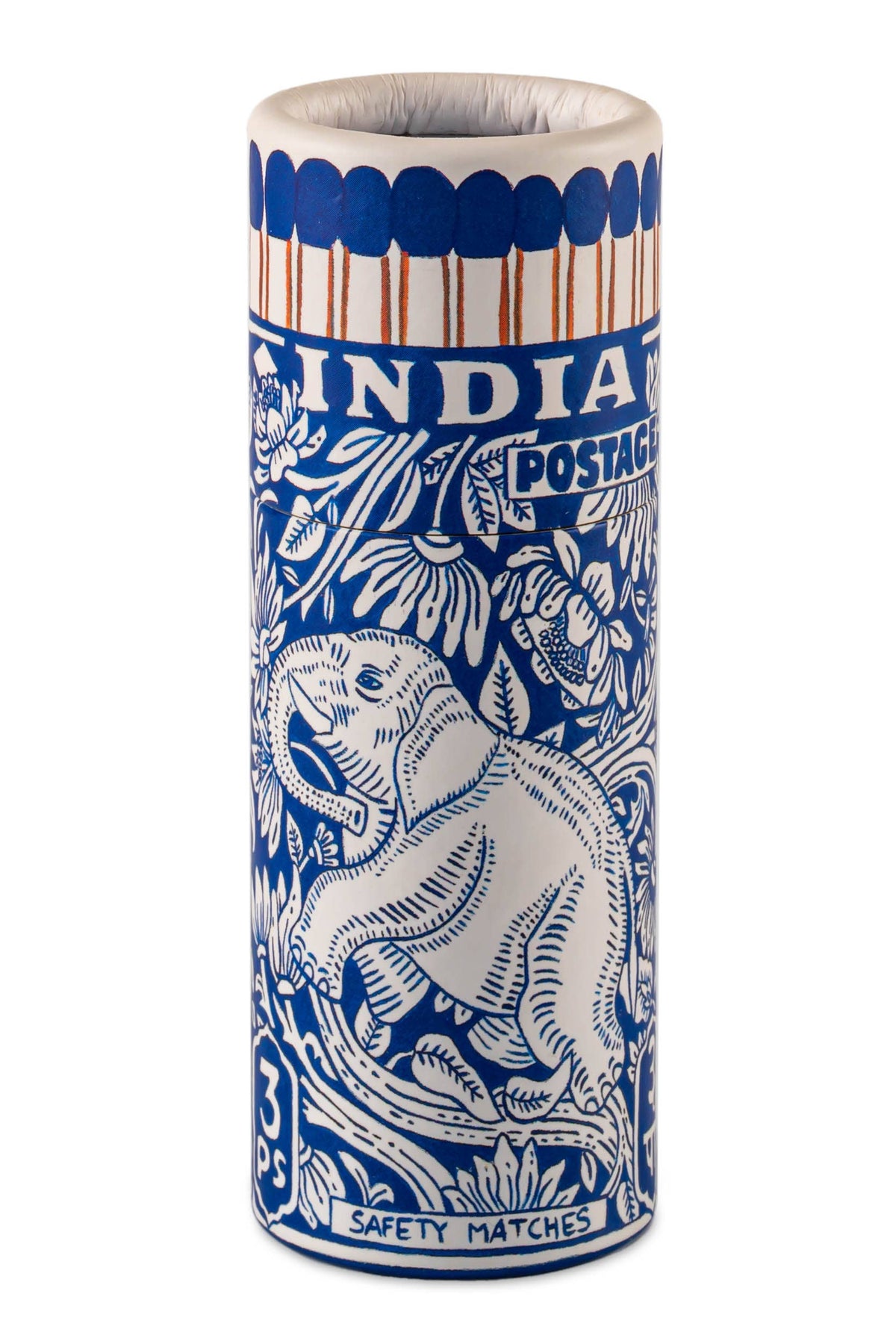 Matches holder with blue and white design featuring a bear and text on a white background