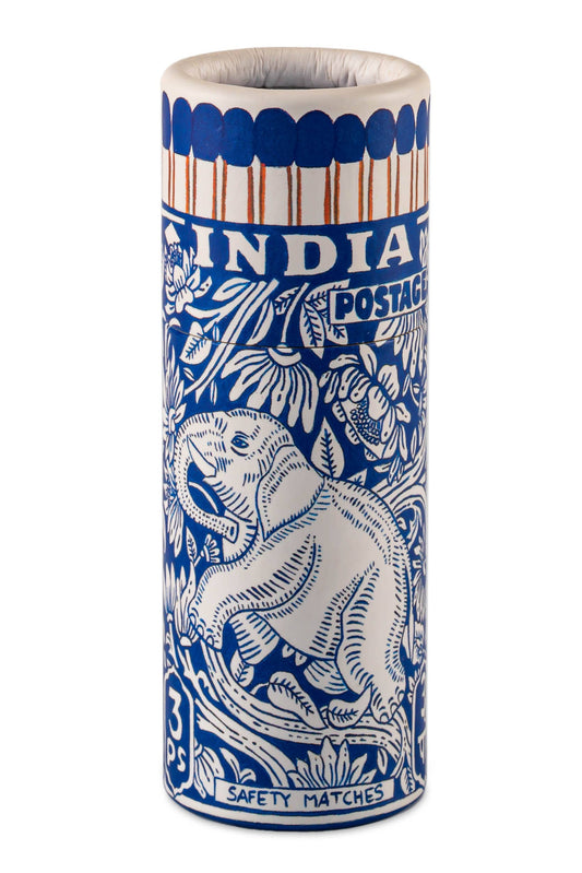 Matches holder with blue and white design featuring a bear and text on a white background
