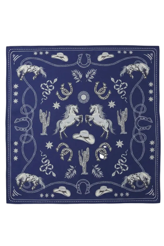 navy blue and white printed western themed small silk scarf