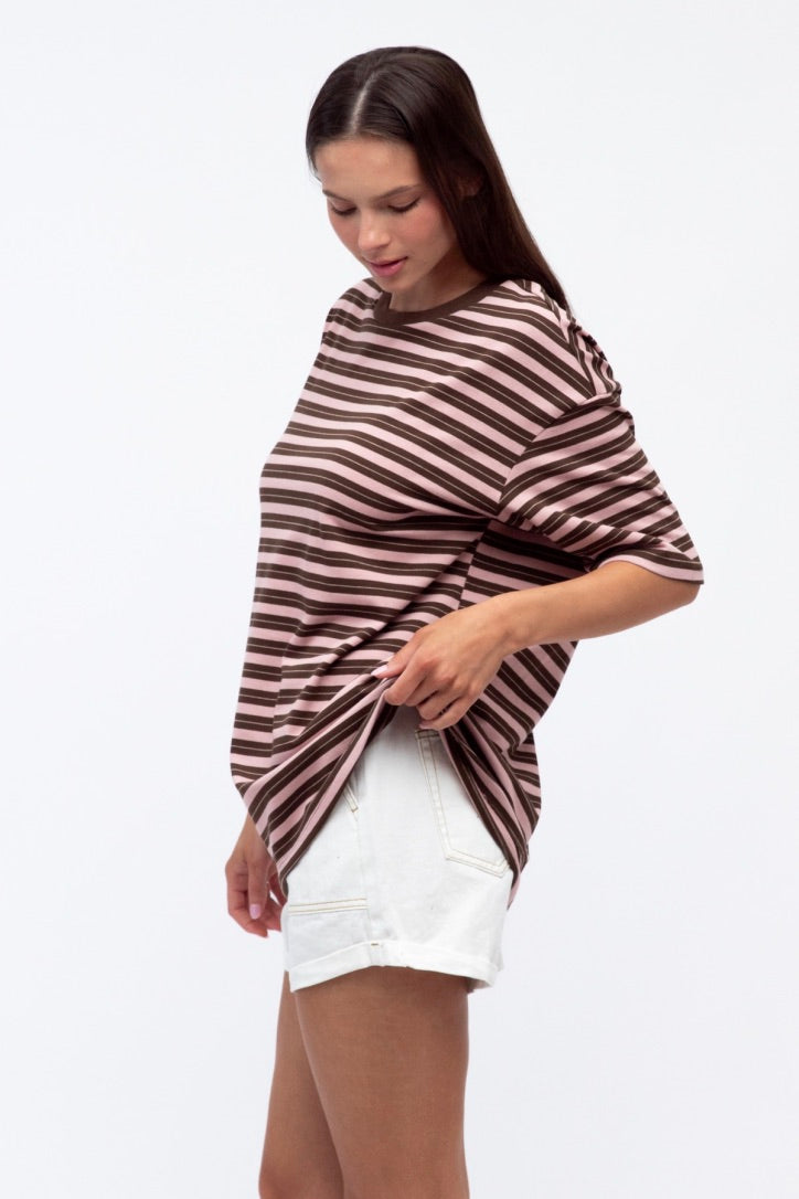 Mimi Stripe Tee, Choc Pink