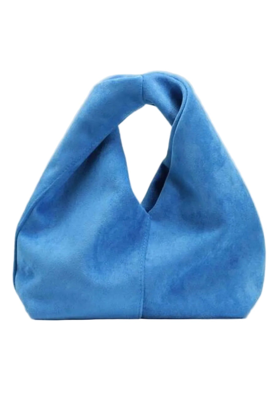 A blue suede slouchy shoulder bag with a unique integrated top handle, displayed on a white background.