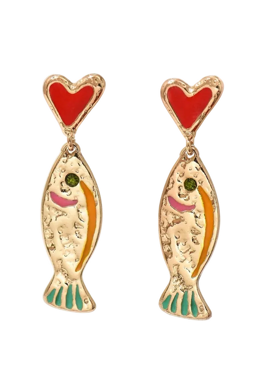 Gold fish-shaped earrings with red hearts on a white background