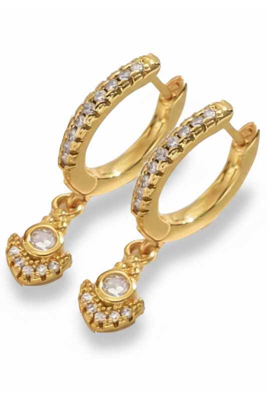 Gold hoop earrings with embedded stones on a white background