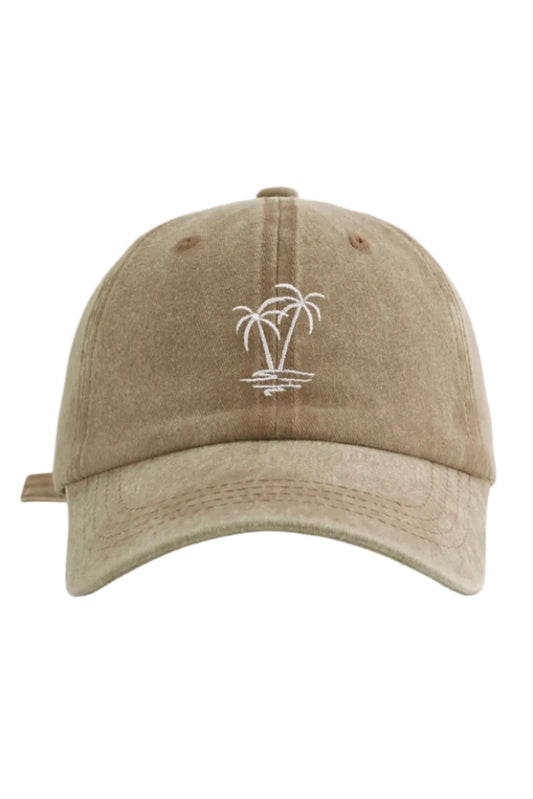 Beige cap with palm tree design on a white background
