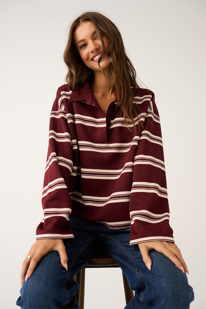 Freddie Rugby Top, Burgundy Stripe