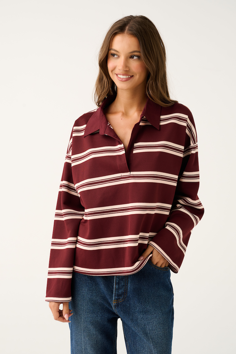 Freddie Rugby Top, Burgundy Stripe