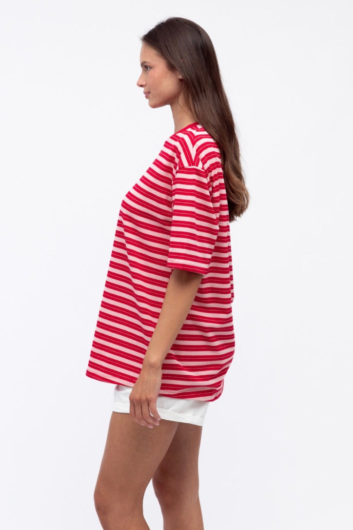 Mimi Stripe Tee, Hot Pink